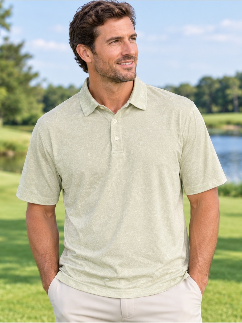Boston Scott Golf Men’s Stretch Golf Polo Shirt pale green white UPF50 Sz S NWT